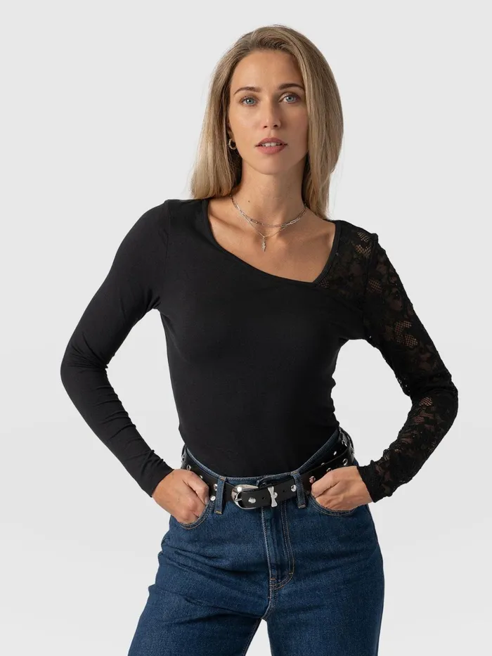 Aimee Cut Out Long Sleeve Tee 8211 Black Lace Black Lace Women Saint And Sofia TShirts and Tanks
