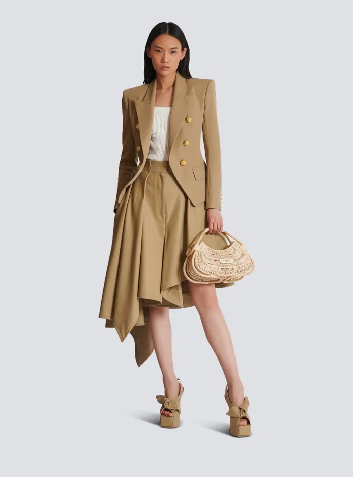 Balmain Asymmetric Pleated Cotton Skirt Beige Women Skirts