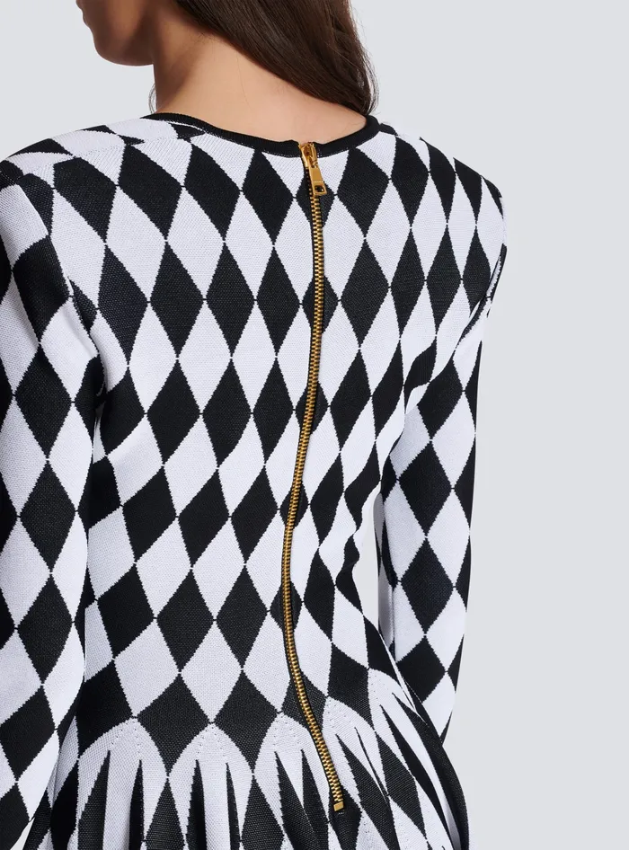 Balmain Diamond Jacquard Flared Knit Dress Black Women Dresses