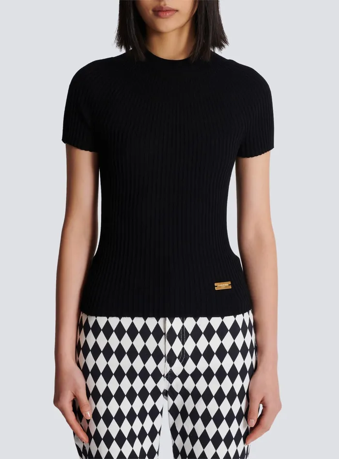 Balmain Ribbed Knit Top Black Women Tops And Shirts