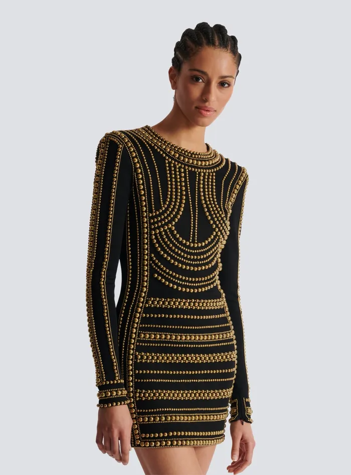 Balmain Short Gold Beadembroidered Dress Gold Women Dresses