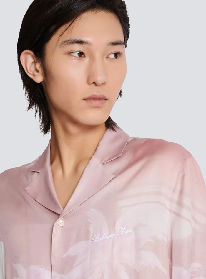 Balmain Shortsleeved Twill Shirt With Postcard Print Pink Men Shirts And Polos