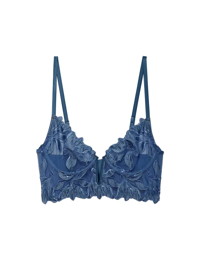 Fleur Du Mal Bustiers and Bra Tops Women Denim Lily Embroidery Longline Demi Bra Denim Fleur Du Mal Bustiers and Bra Tops Women Denim Lily Embroidery Longline Demi Bra Denim