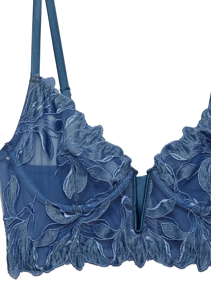 Fleur Du Mal Bustiers and Bra Tops Women Denim Lily Embroidery Longline Demi Bra Denim Fleur Du Mal Bustiers and Bra Tops Women Denim Lily Embroidery Longline Demi Bra Denim