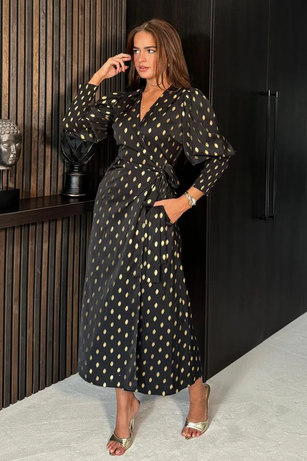 Girl In Mind Bodycon Dresses Devina Shirred Cuff Wrap Dress In Black And Gold Foil 8211 Women