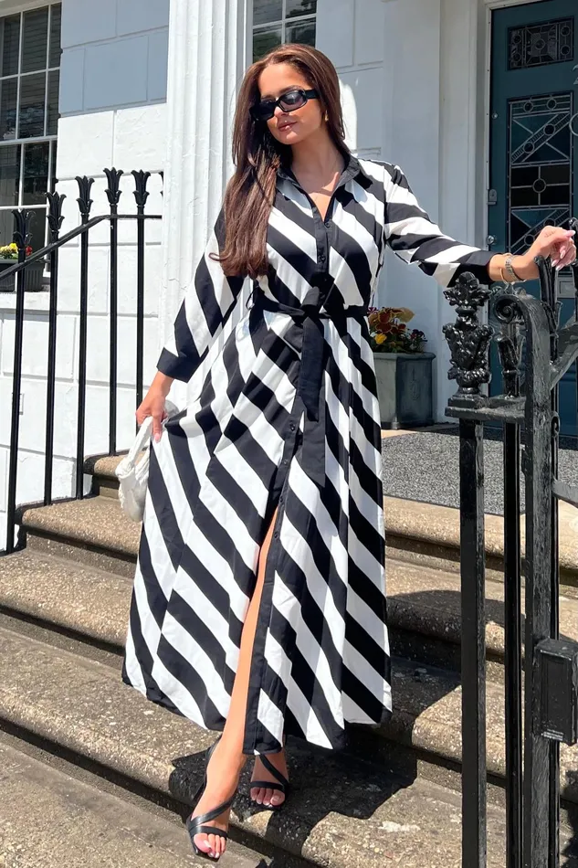 Girl In Mind Shirt Dresses Brielle Black White Stripe Shirt Maxi Dress 8211 Women