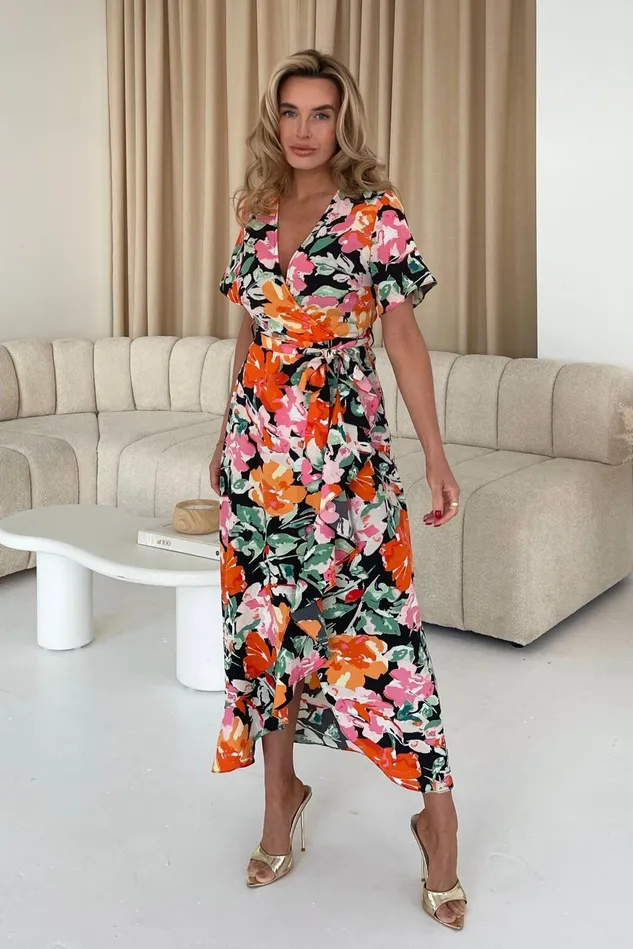Girl In Mind Wrap Dresses Farrah Orange Floral Split Hem Frill Detail Maxi Dress 8211 Women