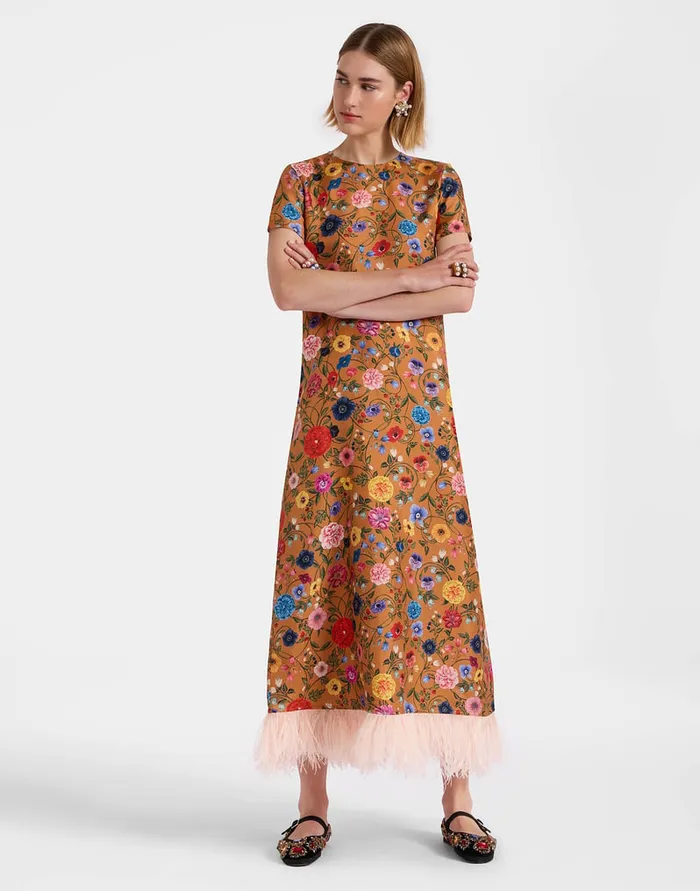 La Doublej Swing Dress Botticelli Rust In Silk Twill With Feathers Women Party Dressing La Doublej Swing Dress Botticelli Rust In Silk Twill With Feathers Women Party Dressing