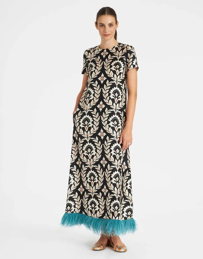 La Doublej Swing Dress Ghirlanda Black In Silk Twill With Feathers Women Dresses La Doublej Swing Dress Ghirlanda Black In Silk Twill With Feathers Women Dresses