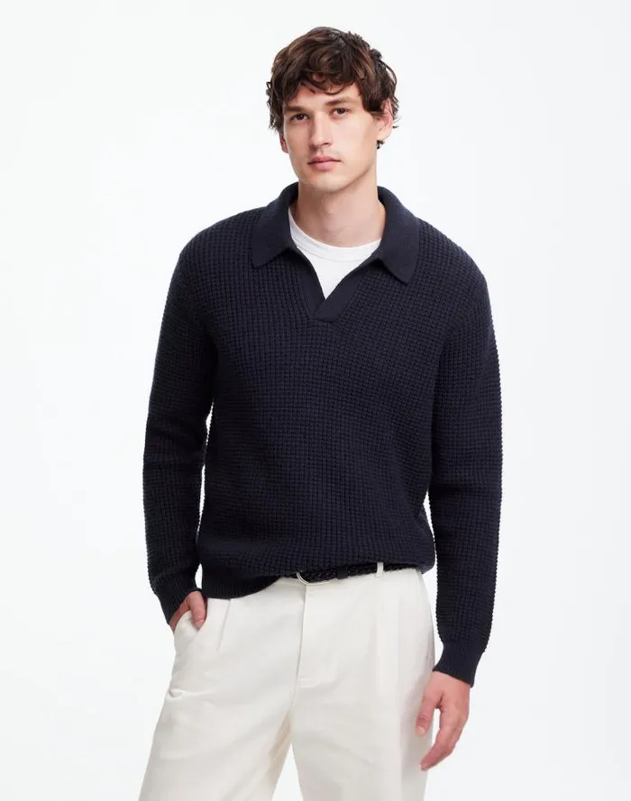 Men JohnnyCollar Sweater Polo Shirt In Waffle Knit Midnight Blue Madewell Polos Men JohnnyCollar Sweater Polo Shirt In Waffle Knit Midnight Blue Madewell Polos