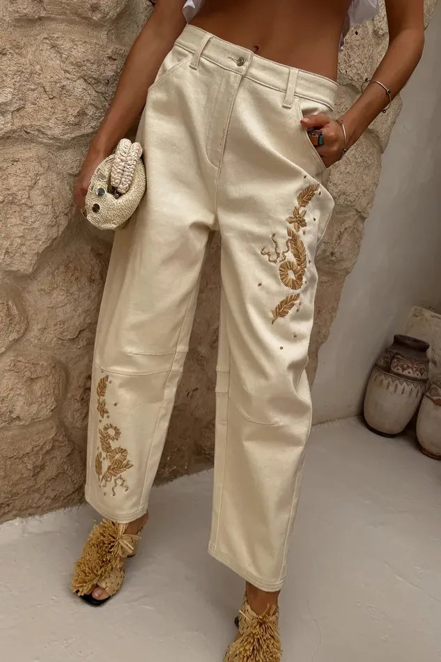 Never Fully Dressed Trousers and Shorts Ecru Raffia Palma Barrel Leg Jeans 8211 Women