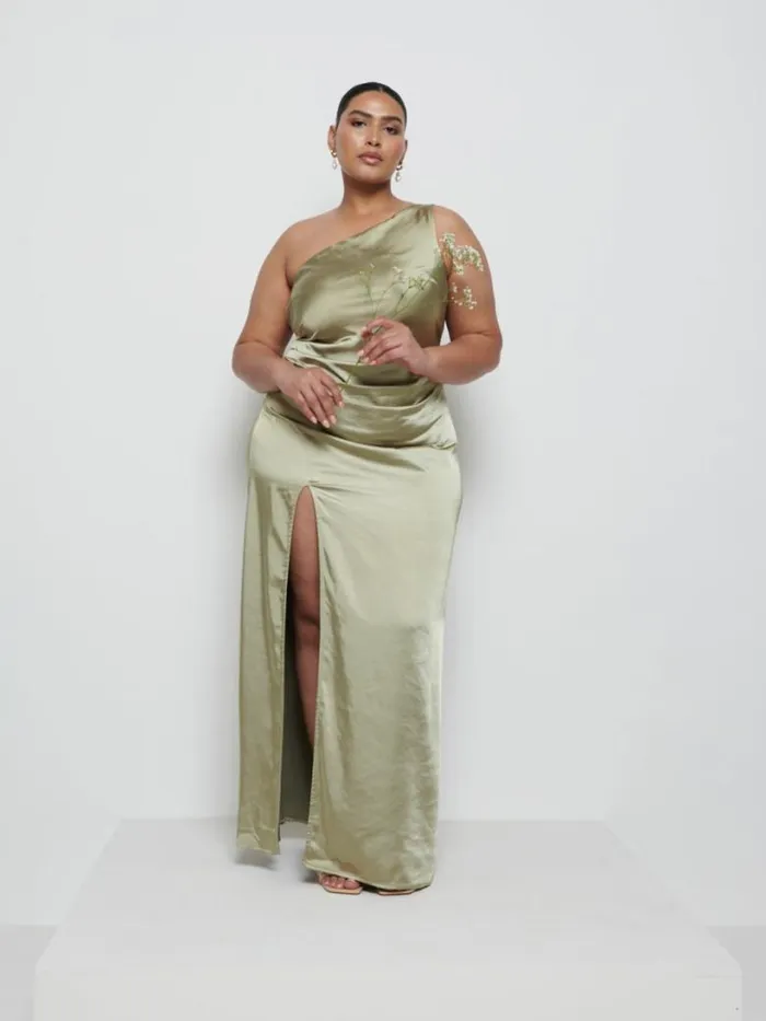 Pretty Lavish Bridesmaid Dresses Women Amelia Ruched Maxi Bridesmaid Dress Curve Olive