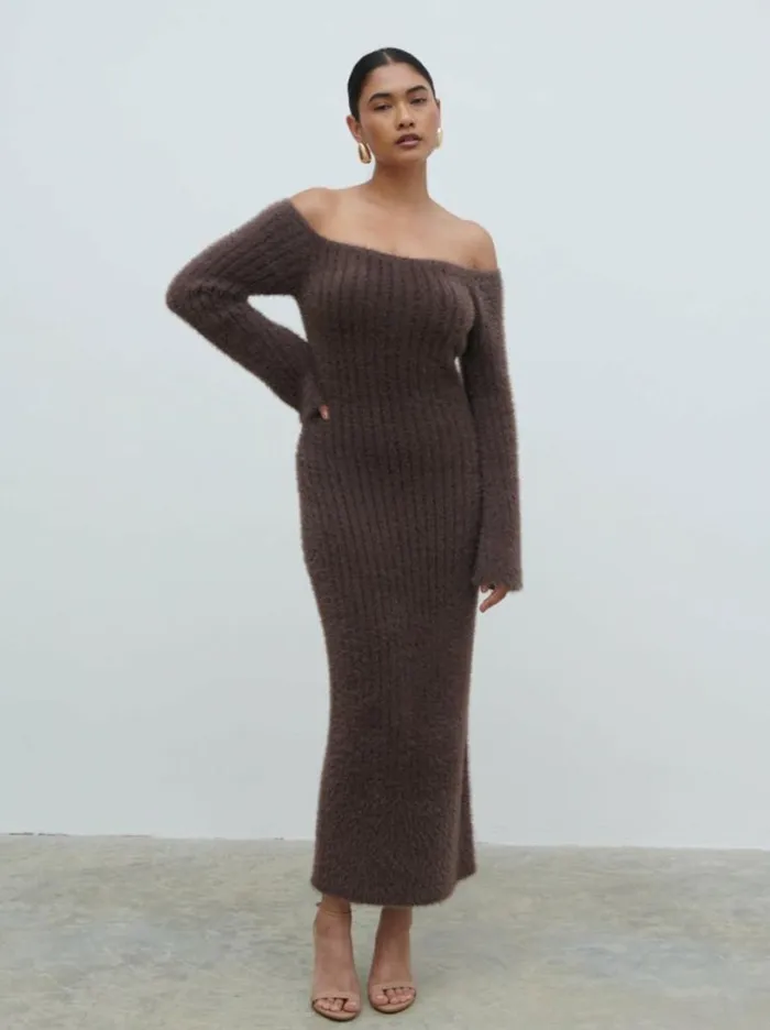 Pretty Lavish Dresses Women Alora Fluffy Knit Midaxi Dress Brown