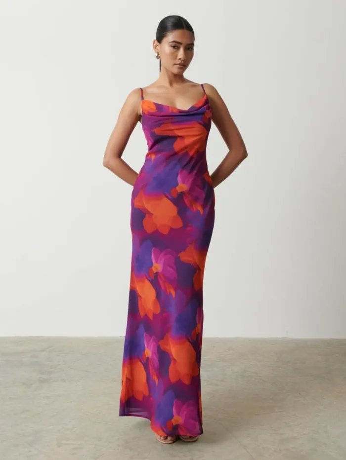 Pretty Lavish Dresses Women Keisha Printed Chiffon Maxi Dress Bright Iris Floral