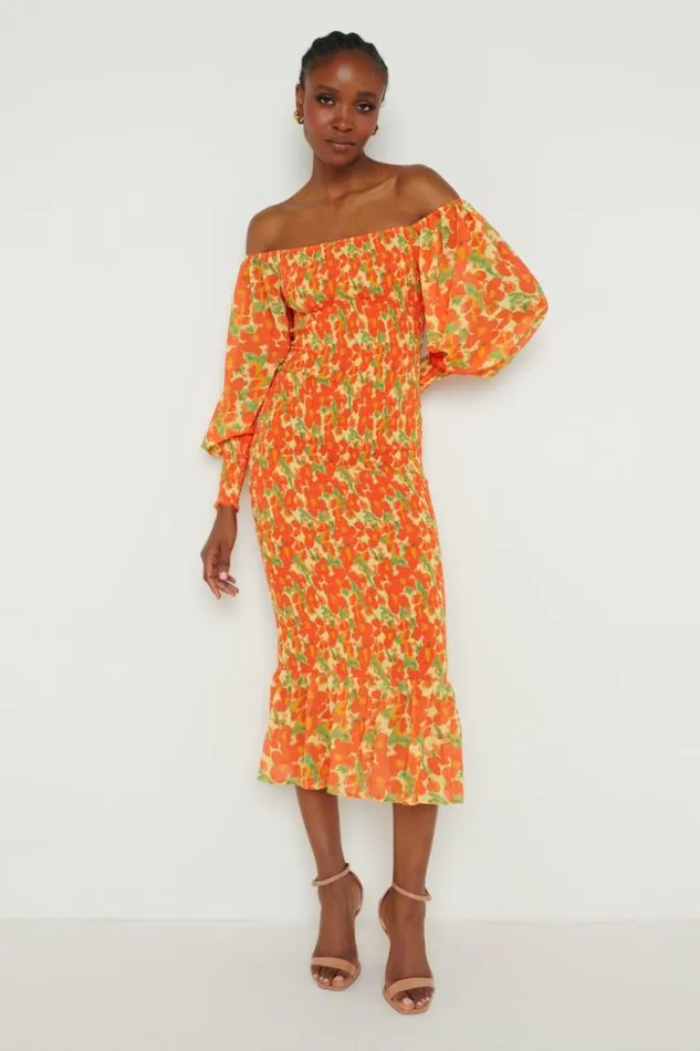 Pretty Lavish Dresses Women Leona Bardot Shirred Midaxi Dress Orange And Yellow Floral Pretty Lavish Dresses Women Leona Bardot Shirred Midaxi Dress Orange And Yellow Floral