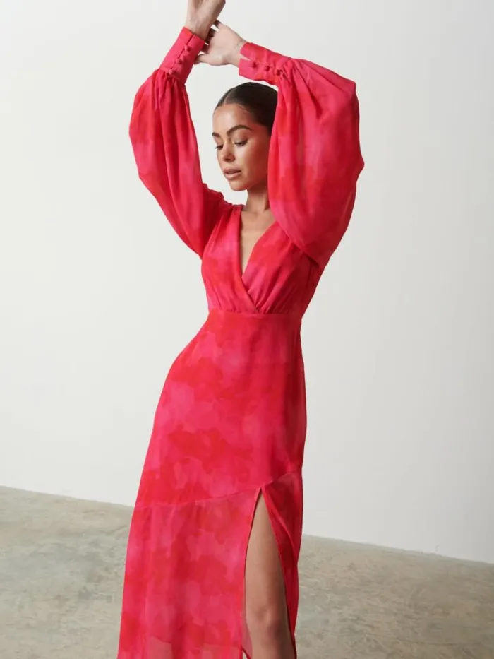 Pretty Lavish Dresses Women Lilianna Backless Balloon Sleeve Printed Dress Pink And Red Watercolour Pretty Lavish Dresses Women Lilianna Backless Balloon Sleeve Printed Dress Pink And Red Watercolour