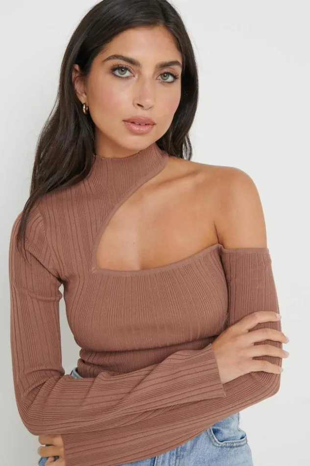 Pretty Lavish Knitwear Women Presley High Neck Cut Out Knit Top Brown