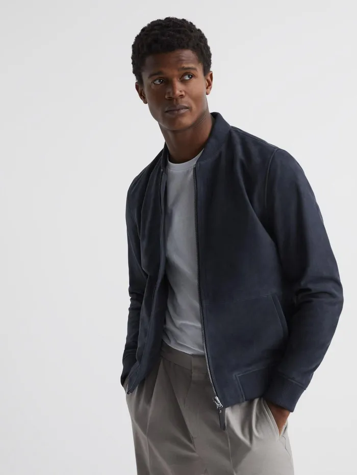 Reiss Coats and Jackets Dilan Suede Zip Through Bomber Jacket Denim Blue 8211 Men