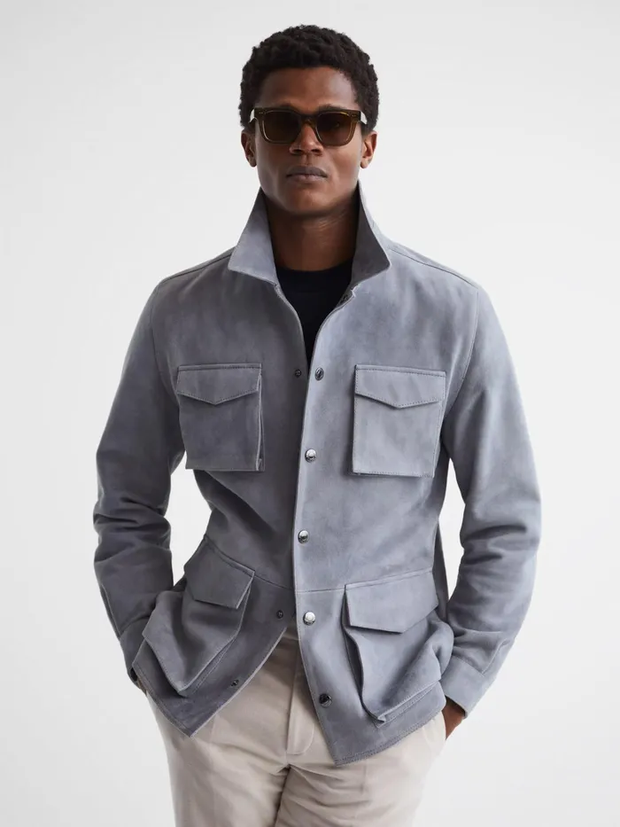 Reiss Leather Jackets Mays Suede Long Sleeve Four Pocket Jacket Steel Blue 8211 Men