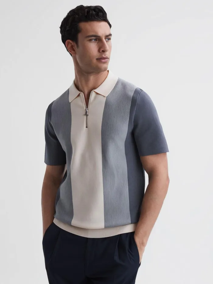 Reiss Polo Shirts Milton HalfZip Striped Polo TShirt Airforce Blueecru 8211 Men