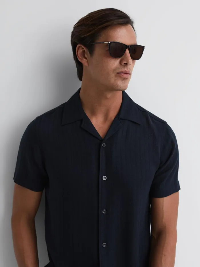Reiss Shirts Vitus Slim Fit Cuban Collar Ribbed Polo Navy 8211 Men