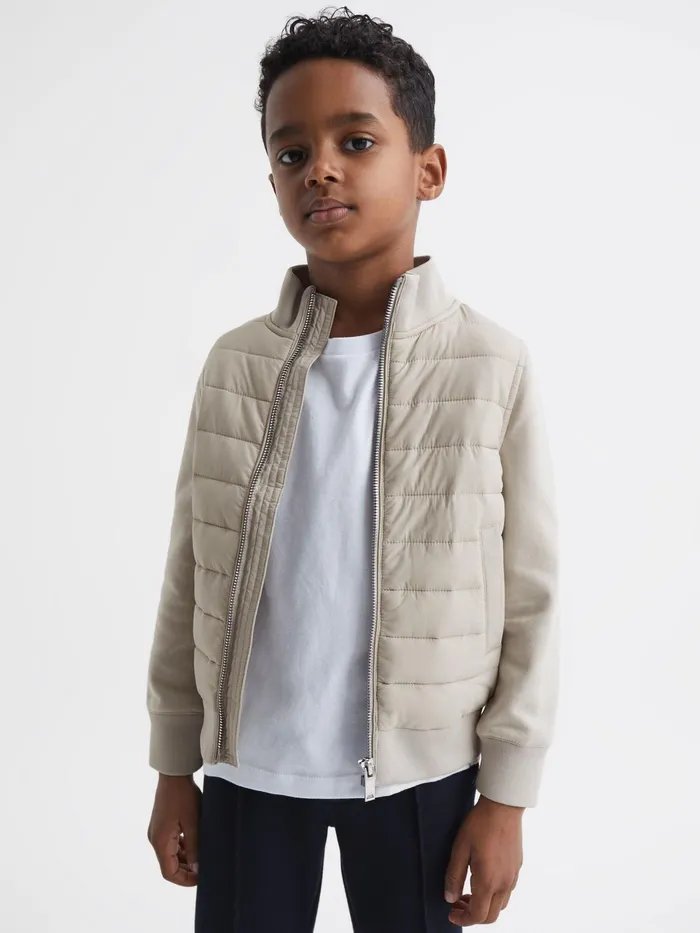 Reiss Sweats and Hoodies Flintoff Funnel Neck Quilted Hybrid Jacket Stone 8211 Children