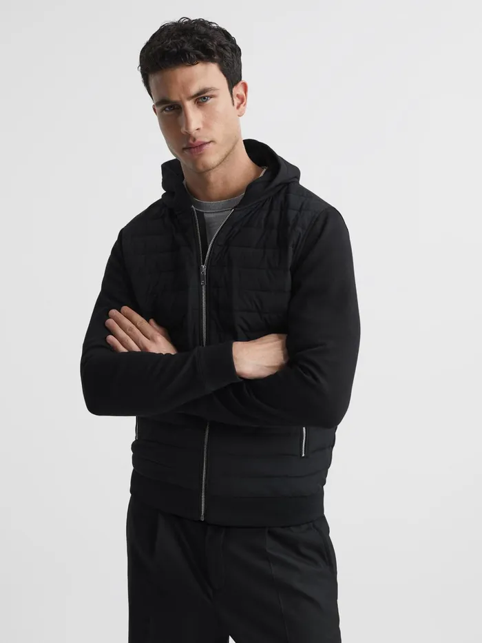 Reiss Sweats and Hoodies Taylor Hybrid Zip Quilted Hooded Jacket Black 8211 Men