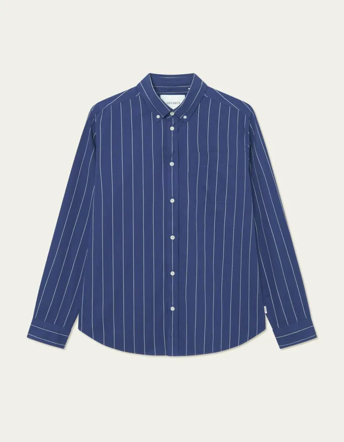 ShirtsOvershirts Men Les Deux Kent Stripe Peached Poplin Shirt 8211 BlueprintWhite