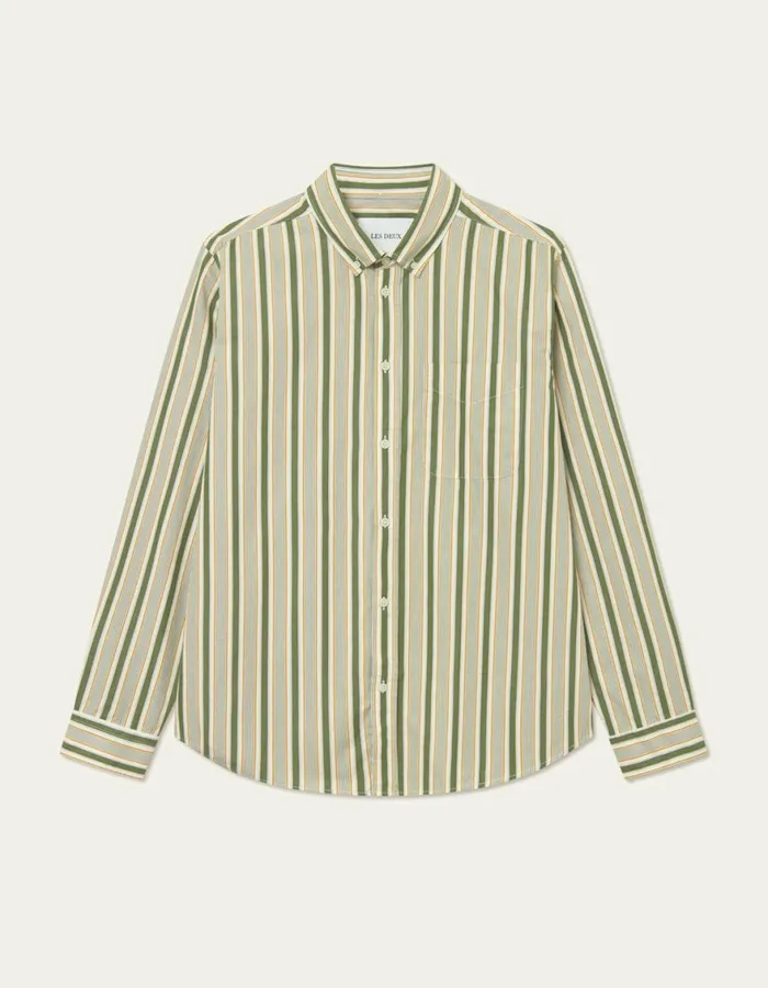 ShirtsOvershirts Men Les Deux Kent Stripe Peached Poplin Shirt 8211 Chive GreenThai Curry