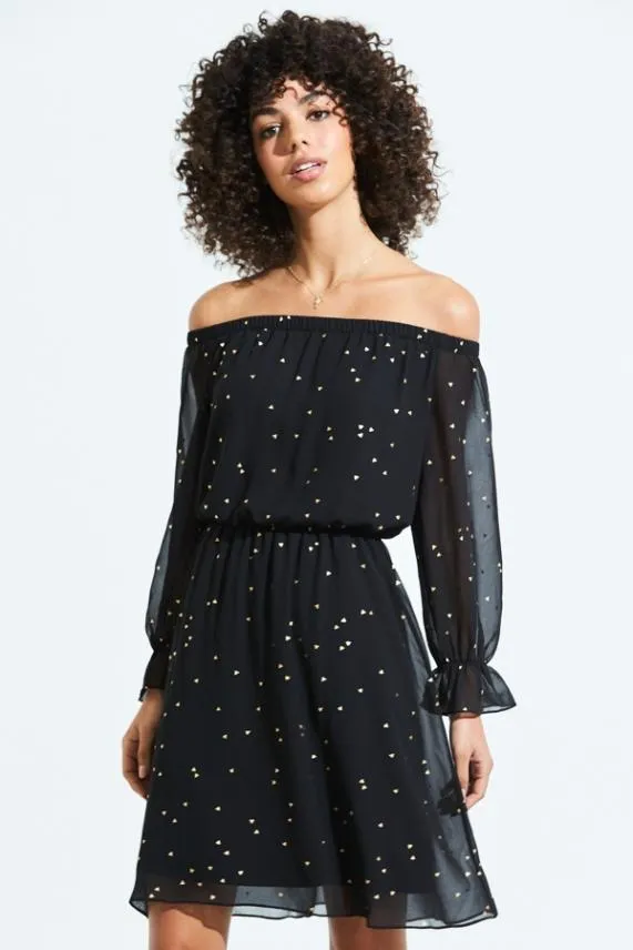 Sosandar Black and Gold Geometric Print Elastic Waist Bardot Dress Black Gold Women Dresses
