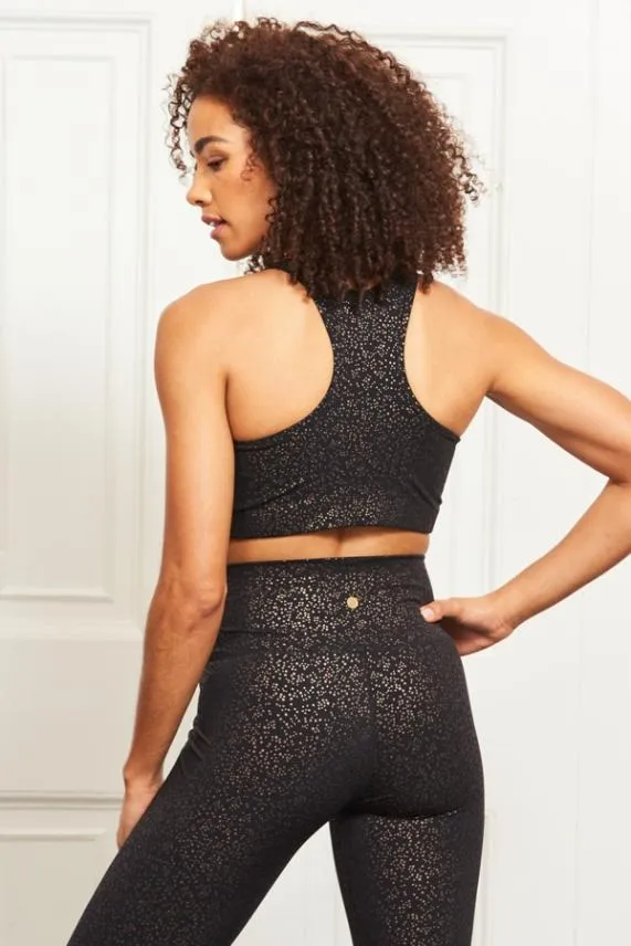 Sosandar Black and Rose Gold Spot Print Racerback Sports Bra Black Rose Gold Women Activewear