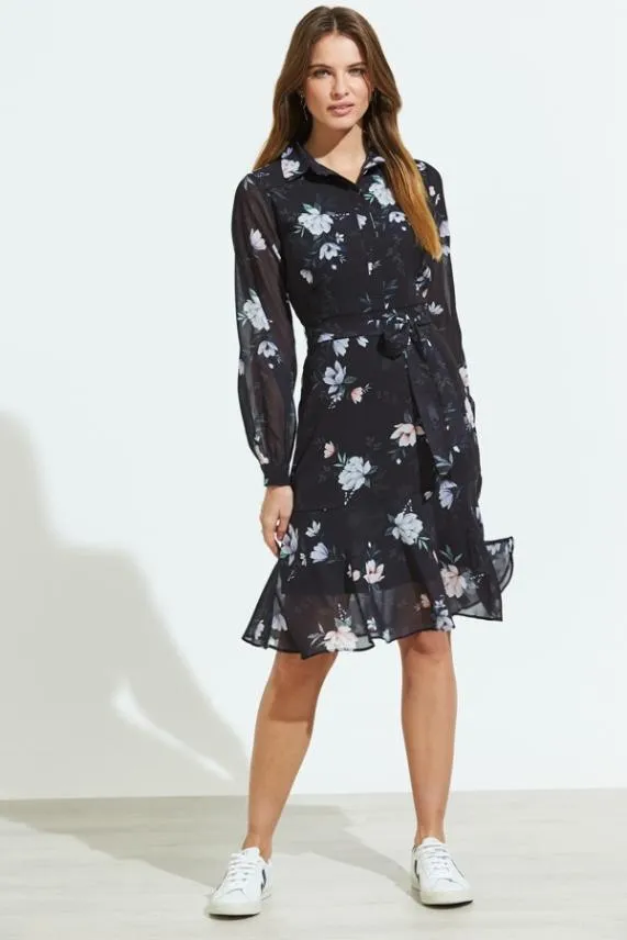 Sosandar Black Floral Print Sheer Sleeve Fit and Flare Dress Black Women Dresses