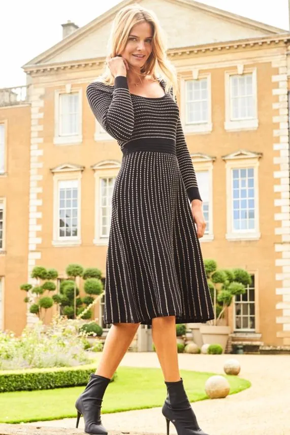 Sosandar Black Metallic Stripe Fit and Flare Knitted Dress Black Women Knitwear