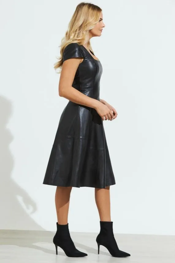 Sosandar Black Premium Leather Square Neck Dress Black Women Dresses