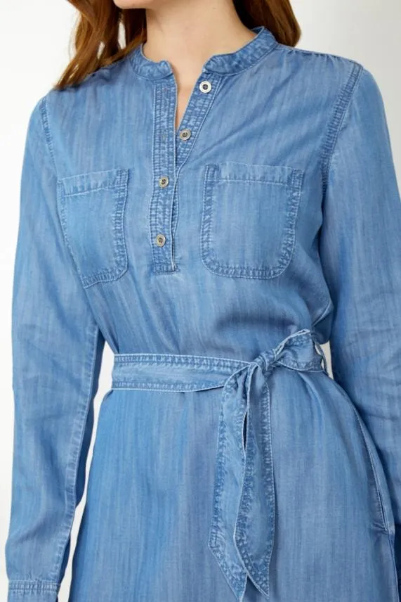 Sosandar Blue Chambray Denim Belted Dress Blue Women Dresses