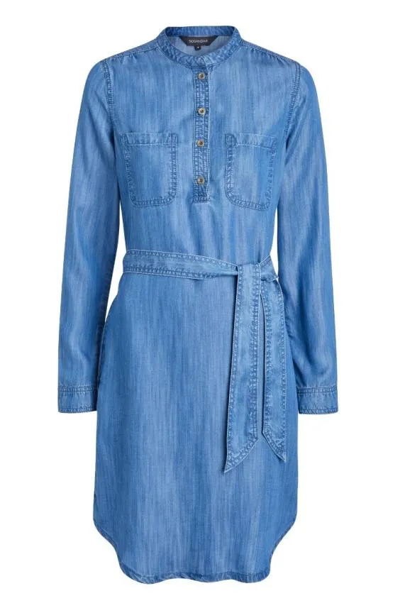 Sosandar Blue Chambray Denim Belted Dress Blue Women Dresses
