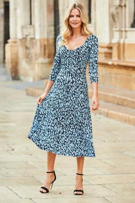 Sosandar Blue Fleck Print Sweetheart Neck Midi Dress Blue Women Dresses