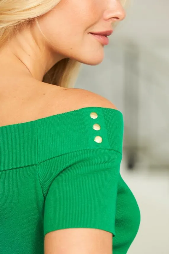 Sosandar Green Knitted Bardot Top With Gold Stud Detail Green Women Knitwear
