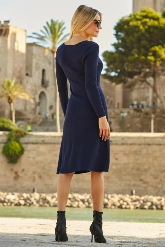 Sosandar Navy Blue Zip Front Knitted Fit and Flare Dress Navy Blue Women Knitwear