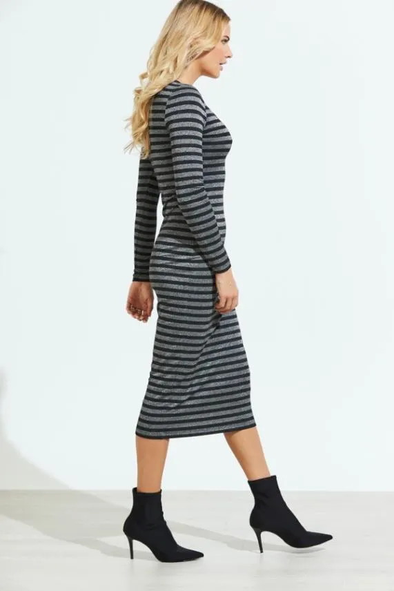 Sosandar Silver and Black Metallic Stripe Midi Dress Silver Black Women Dresses