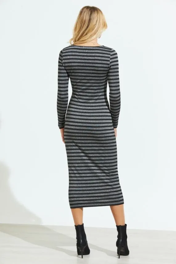 Sosandar Silver and Black Metallic Stripe Midi Dress Silver Black Women Dresses