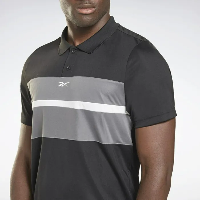 TShirts and Graphic Tees Mens Reebok Workout Ready Striped Polo Shirt Black Cold Grey 6