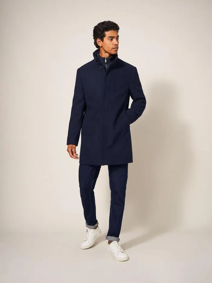 White Stuff COATS and JACKETS Horsholm Wool Funnel Neck Coat Dark Navy 8211 Men