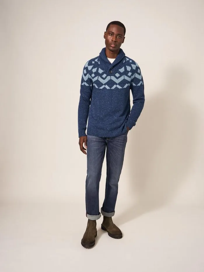 White Stuff KNITWEAR Arundel Geo Fairisle Shawl Navy Multi 8211 Men