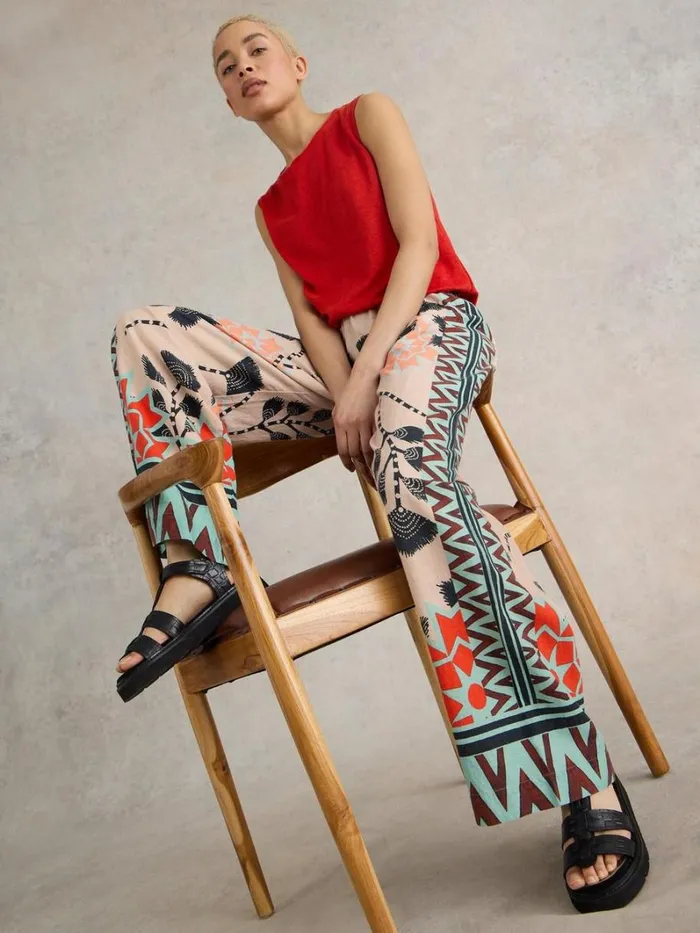 White Stuff TROUSERS Lucy Linen Blend Wide Trouser Natural Print 8211 Women