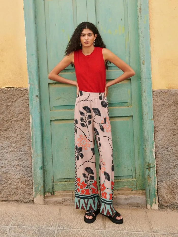 White Stuff TROUSERS Lucy Linen Blend Wide Trouser Natural Print 8211 Women
