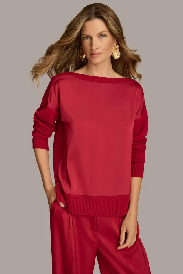 Women Donna Karan Sweaters And Tops MIXED STITCH BOATNECK SWEATER Metropolitan Red