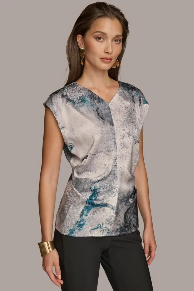 Women Donna Karan Sweaters And Tops PRINTED CAP SLEEVE WITH DARTS Peacock Blue Women Donna Karan Sweaters And Tops PRINTED CAP SLEEVE WITH DARTS Peacock Blue