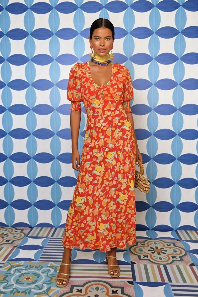 Women Dresses RIXO Sathya Fontainhas Floral Coral