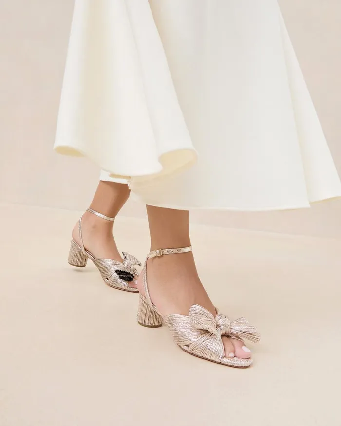 Women Heeled Sandals Loeffler Randall Dahlia Champagne Pleated Bow Heel L Heeled Sandals L Footwear